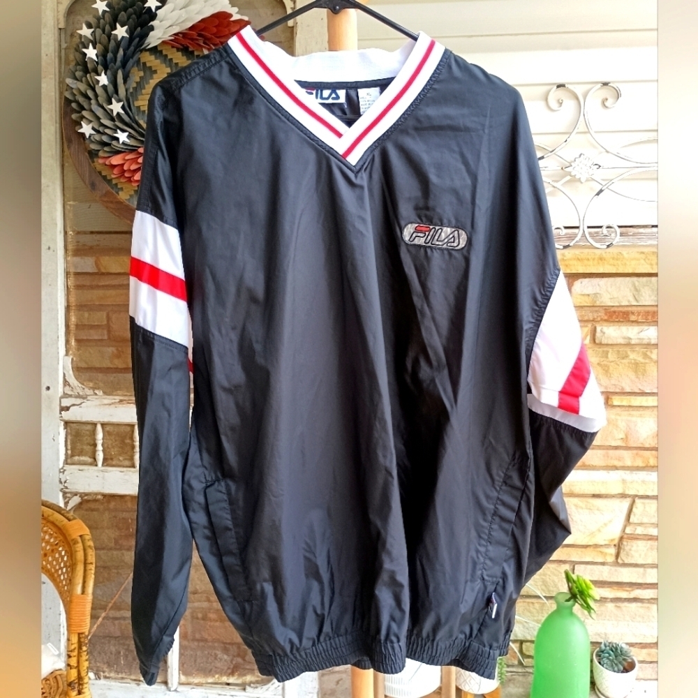 Vintage Fila Pullover Jacket Mens Windbreaker V Neck Reflective Logo Patch_XL